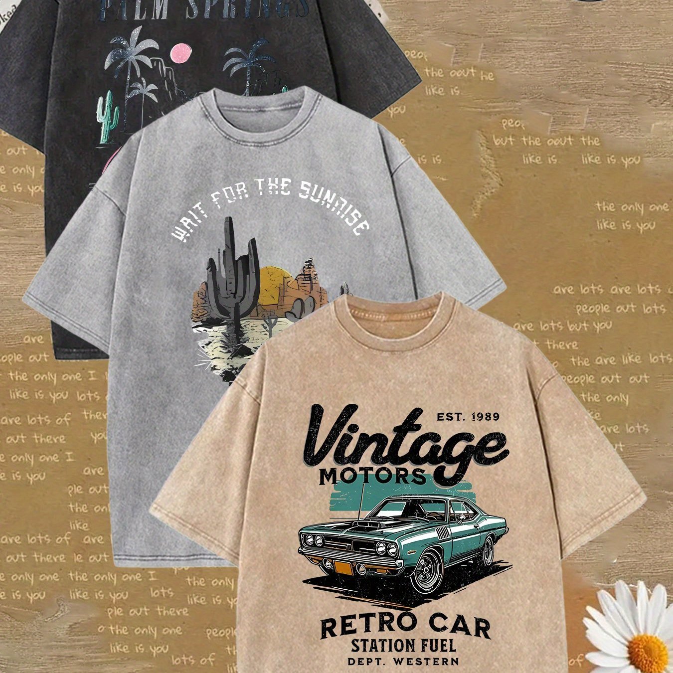 Women'S Vintage Washed T-Shirt - Retro Classic Car Graphic Tee in Beige/Black/Teal - Soft Breathable Loose Fit Shirt for Everyday & Halloween Outfits - Lightweight Summer Top for Women, Ladies T Shirts, Street Style Apparel,