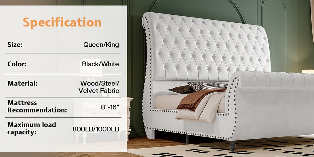 Velvet Upholstered Sleigh Bed With Scroll-Designed Headboard And Footboard