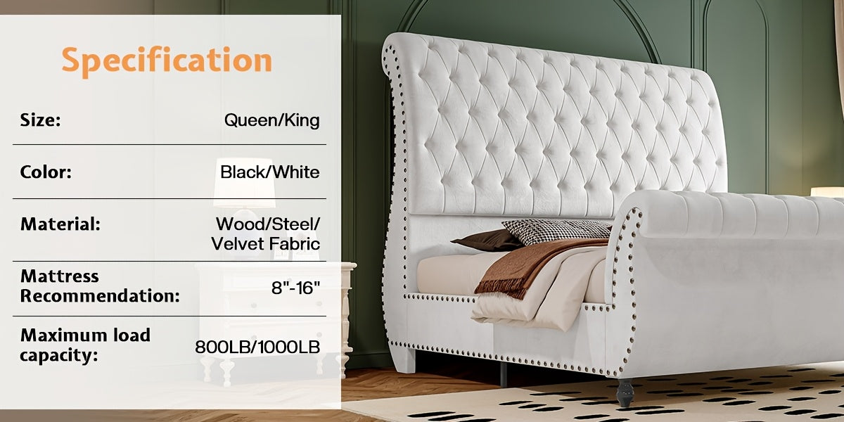 Velvet Upholstered Sleigh Bed With Scroll-Designed Headboard And Footboard