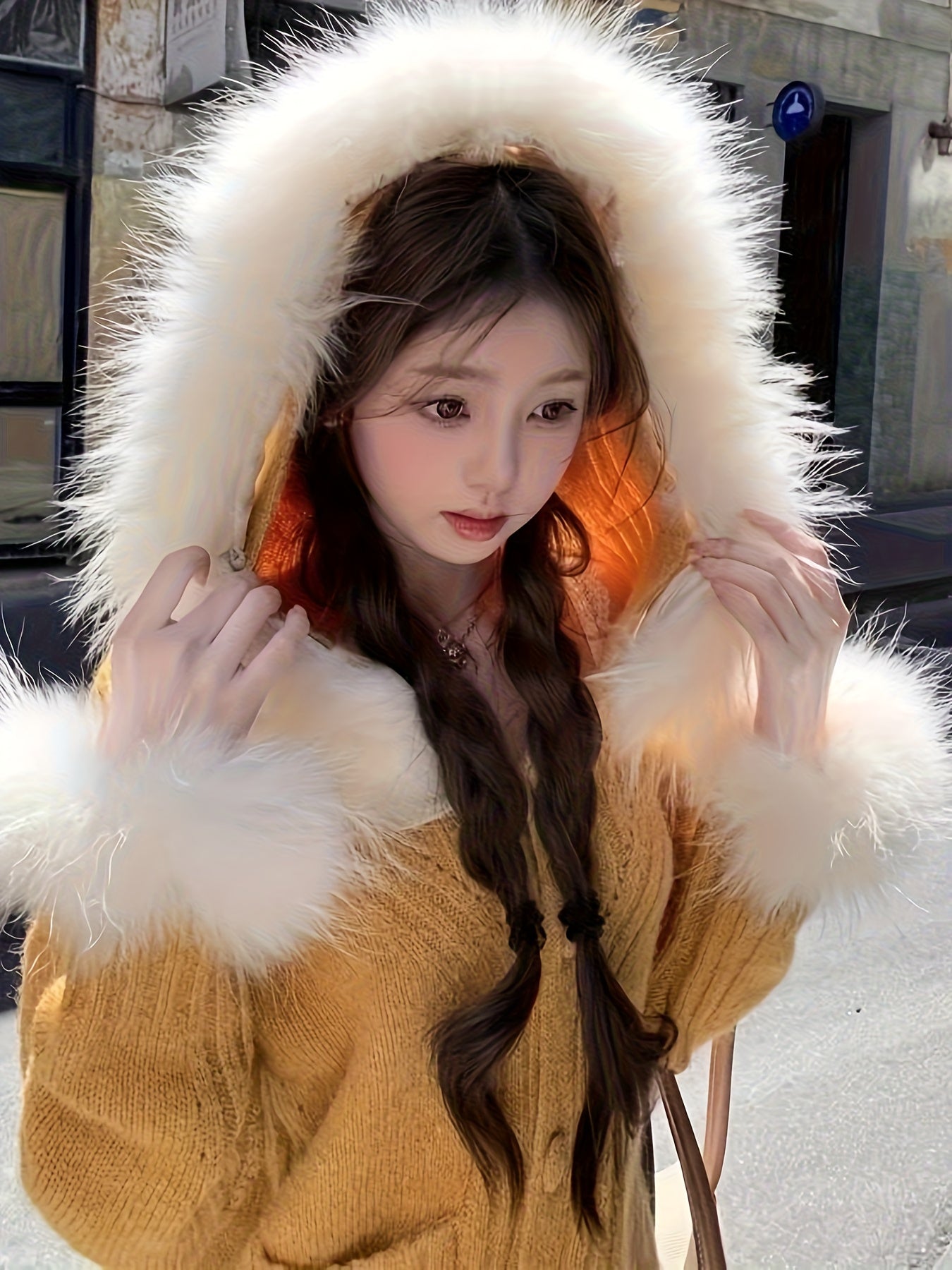 Yellow Hooded Cardigan with Faux Fur Trim