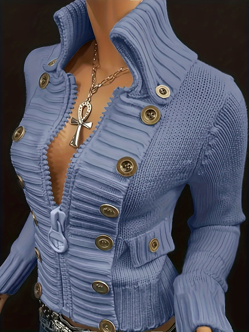 Women's Black Cardigan - Slim-Fit Sweater with Front Zipper & Golden Buttons, Elegant Stand-Up Collar for Formal/Casual Outfits - All-Season Chic Jacket, Versatile Layering, Modern Knitwear, Premium Finish, Fashionforward Wom