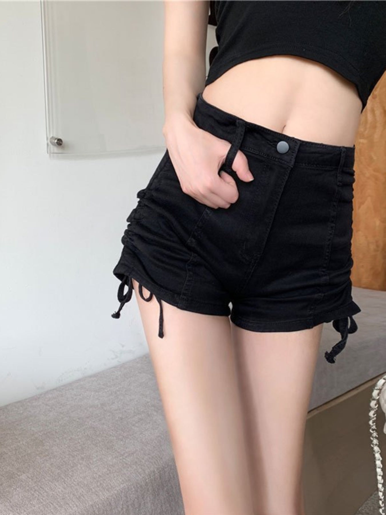 High-Waisted Distressed Denim Shorts