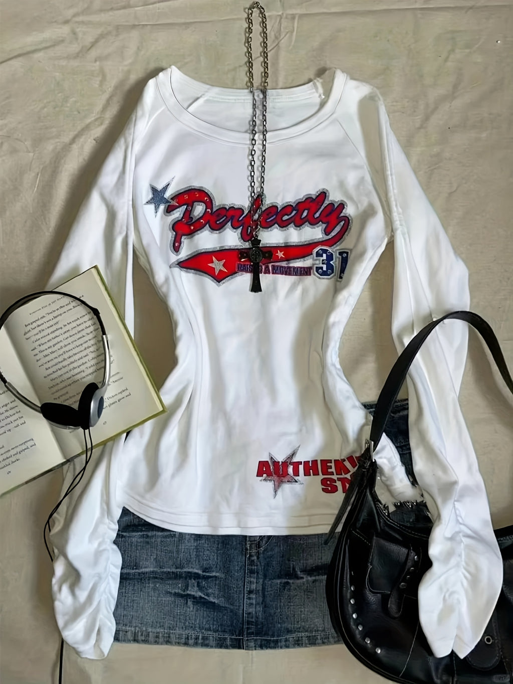 Women'S Y2K Retro Graphic T-Shirt - Long Sleeve Crew Neck Tee with Drawstring Waist, Slim Fit Casual Top for Everyday & Formal Outfits - All-Season Layering Essential