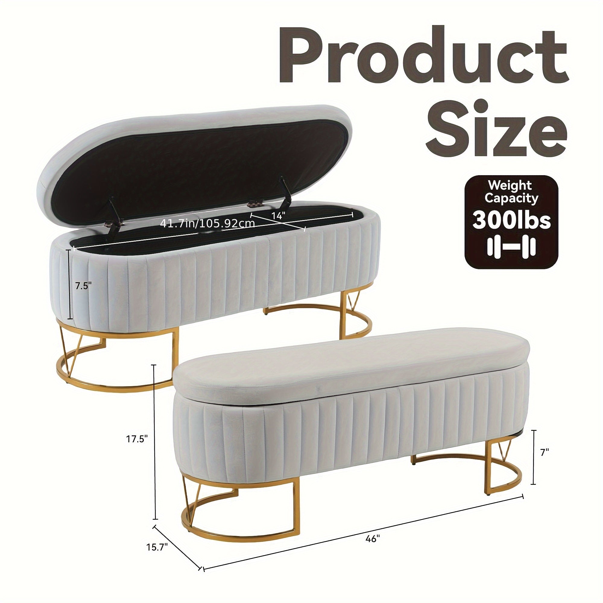 White Velvet Upholstered Storage Ottoman Footrest with Golden Legs