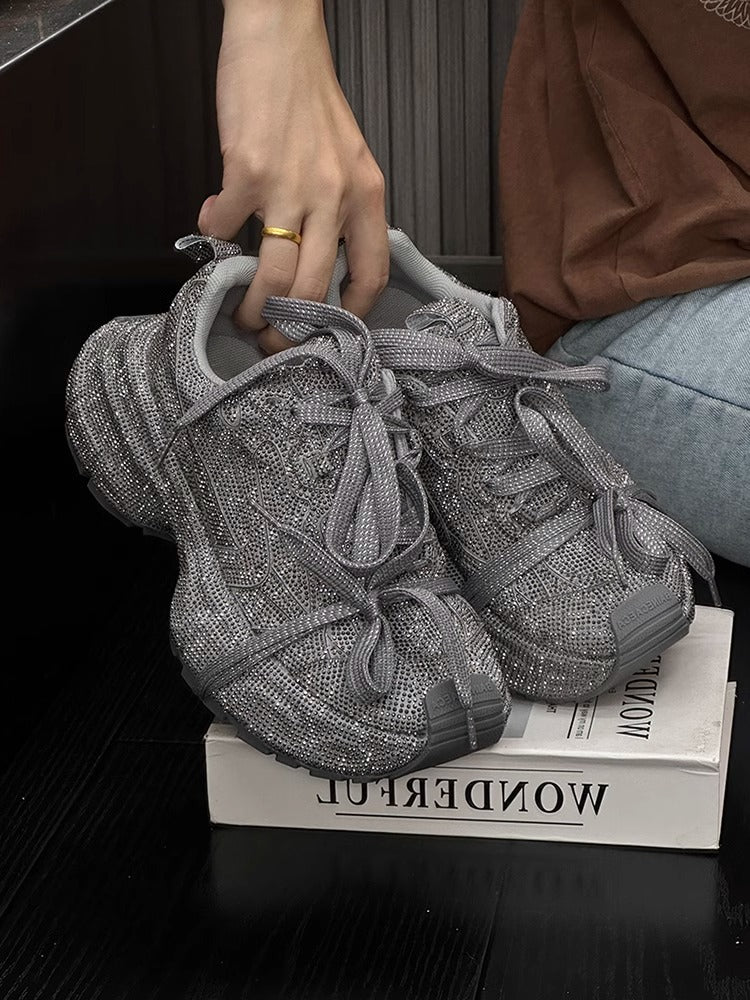 Rhinestone-Adorned Thick-Soled Dad Sneakers