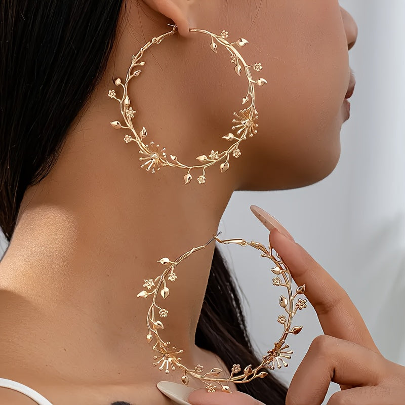 Boho-Chic Golden-Tone Floral Hoop Earrings