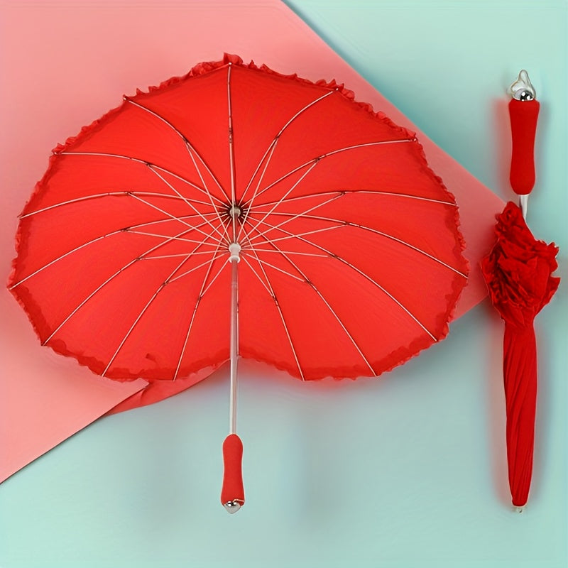 1pc Heart-Shaped Red Lace Umbrella with Floral Design - 16-Rib Manual Open/Close, Durable Plastic & Aluminum Alloy Frame, for Women, Perfect for Beach, Beach Umbrella