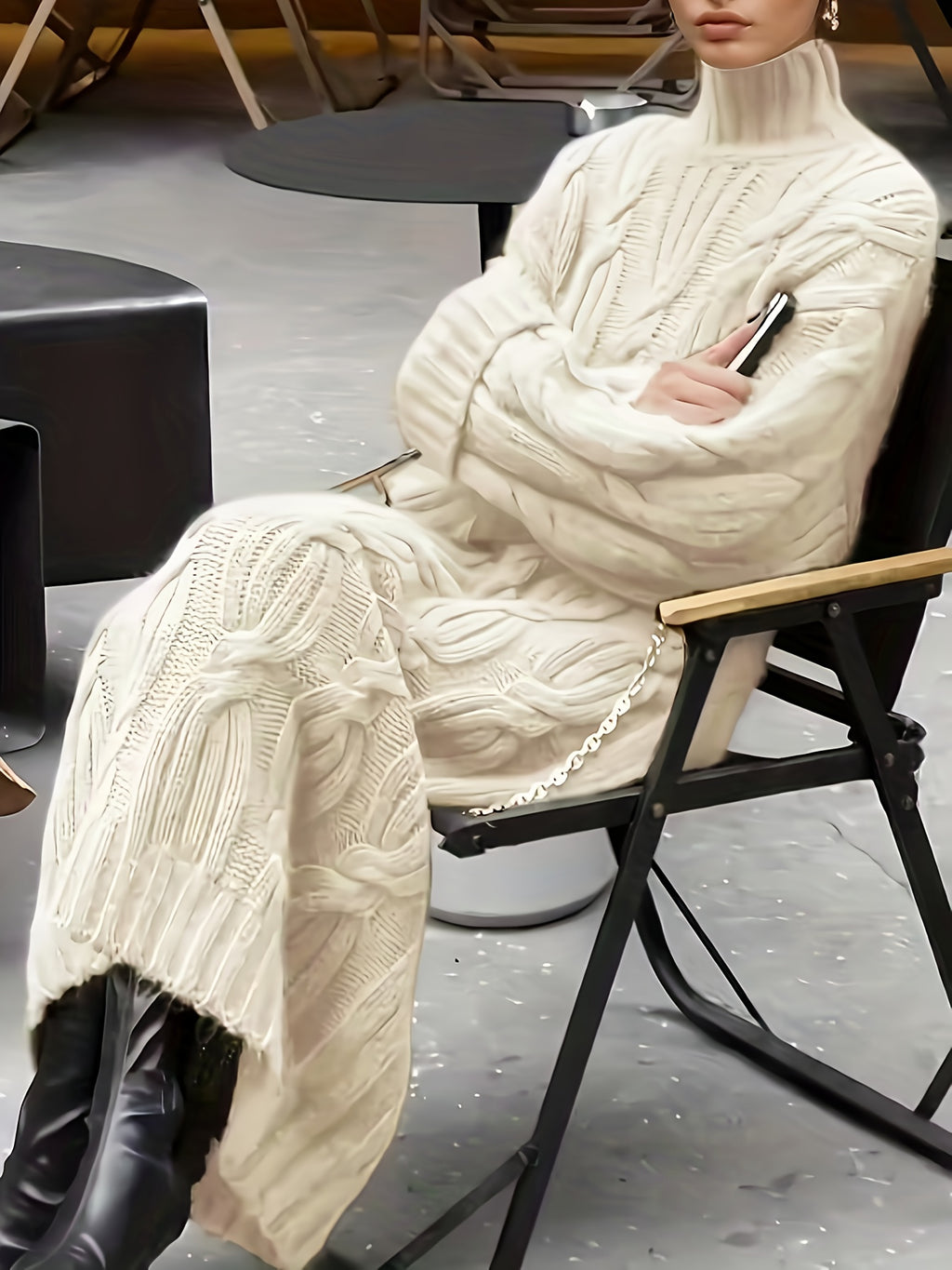 Vintage Drawstring High Neck Long Sleeve Fabric Dress