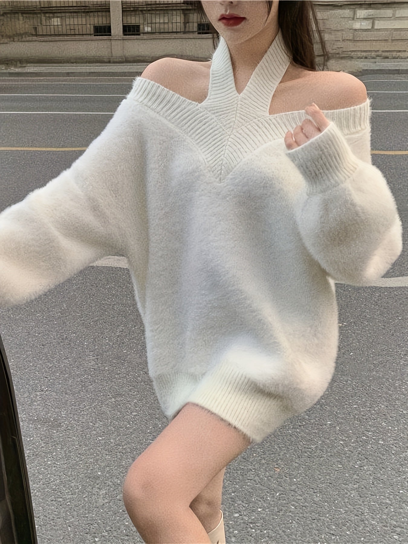 's White Oversized Off-Shoulder Winter Sweater - Collar Long Sleeve Loose Fit Coat Jacket, Reversible Collar Blazer for Fall/Winter, Hand Washable (No Transparency) Office to Party Wear