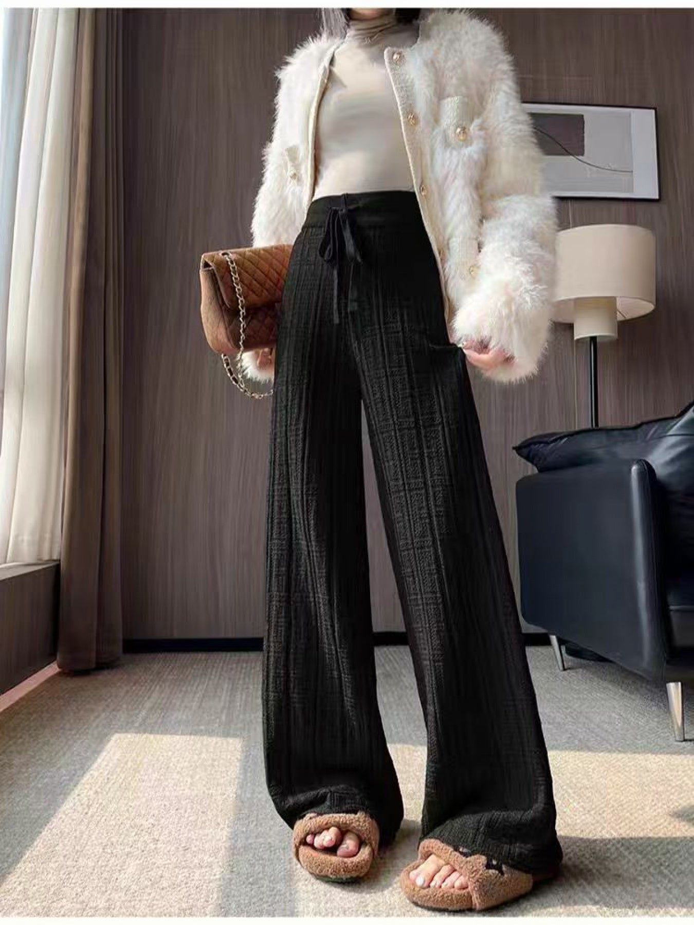 Women'S High-Waisted Wide-Leg Trousers - Elegant Solid Black/Color with Drawstring Waist & Belt, Structured Jacquard Fabric, Loose-Fit Straight-Leg Design for Resortwear, Casual to Formal Events - Spring/Fall Trousers (2025 C