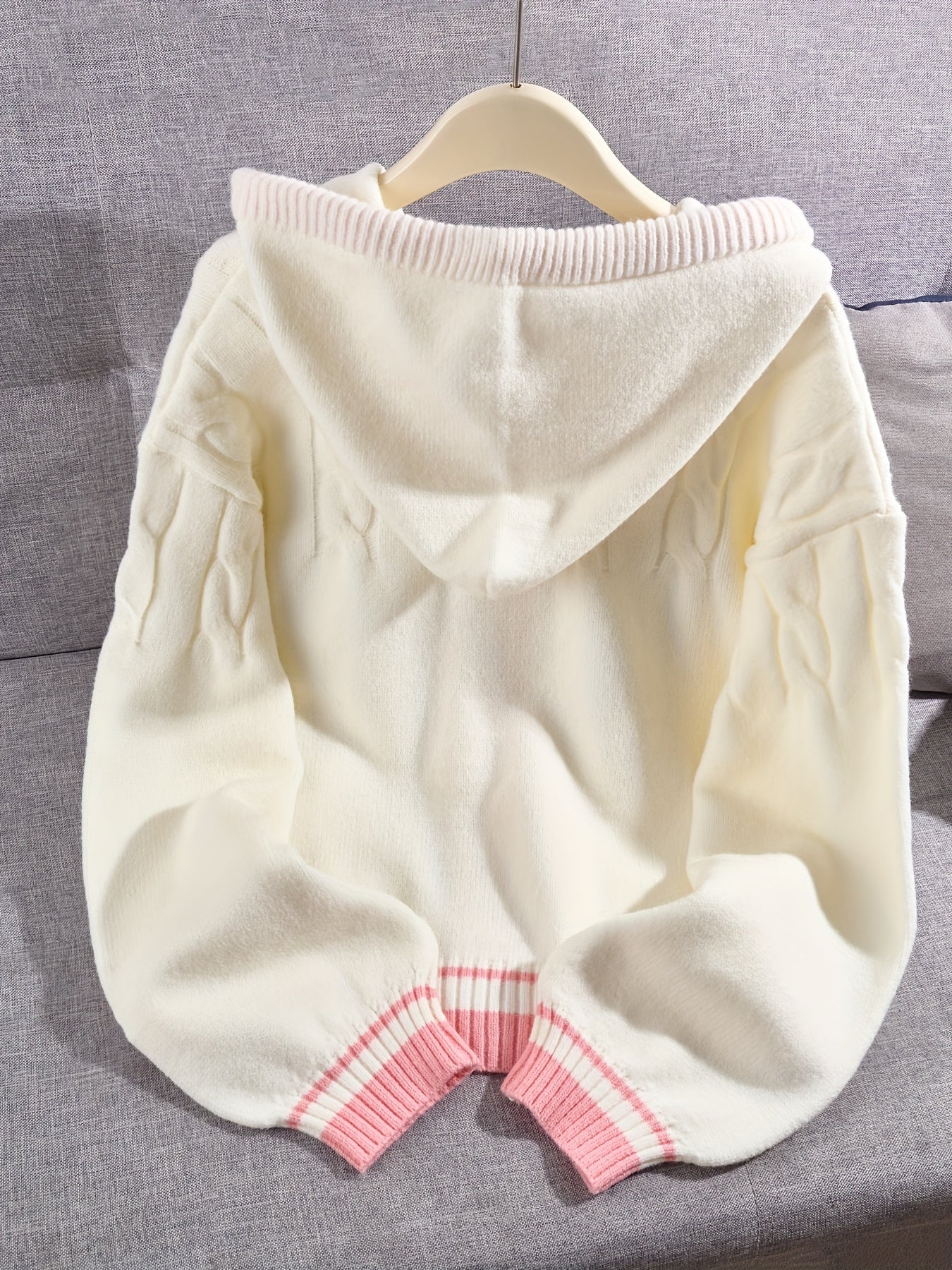 Women'S Hooded Cardigan - Pastel Pink & white colorblock Sweater, Button-Front Closure, Loose Fit Open Front Sweater for Fall/Winter, Everyday & Formal Outfits - Women'S Sweater Coat, Cardigan Sweater, Casual Layering Piece,