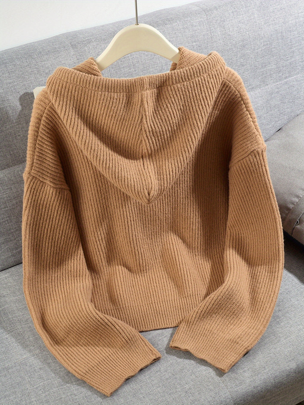 Women's Casual Hooded Cardigan Sweater - Thickened Winter with Double Zipper Front, Ribbed Cuffs & Hem, Medium Stretch, Solid Color for Fall and Winter, Sweater Cardigan