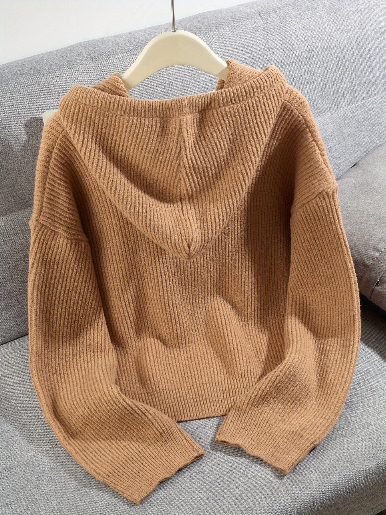 Women's Casual Hooded Cardigan Sweater - Thickened Winter with Double Zipper Front, Ribbed Cuffs & Hem, Medium Stretch, Solid Color for Fall and Winter, Sweater Cardigan