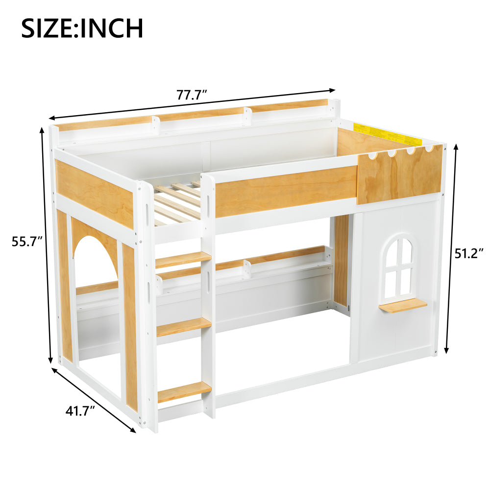 Full over Full Bunk Bed with Storage Shelves, Window & Two Doors - Twin/Full Bed Frame, Space-Saving Heavy-Duty, 550 Weight Capacity, Easy Assembly (White & Natural) for ' Bedrooms, Dorms, Guest rooms