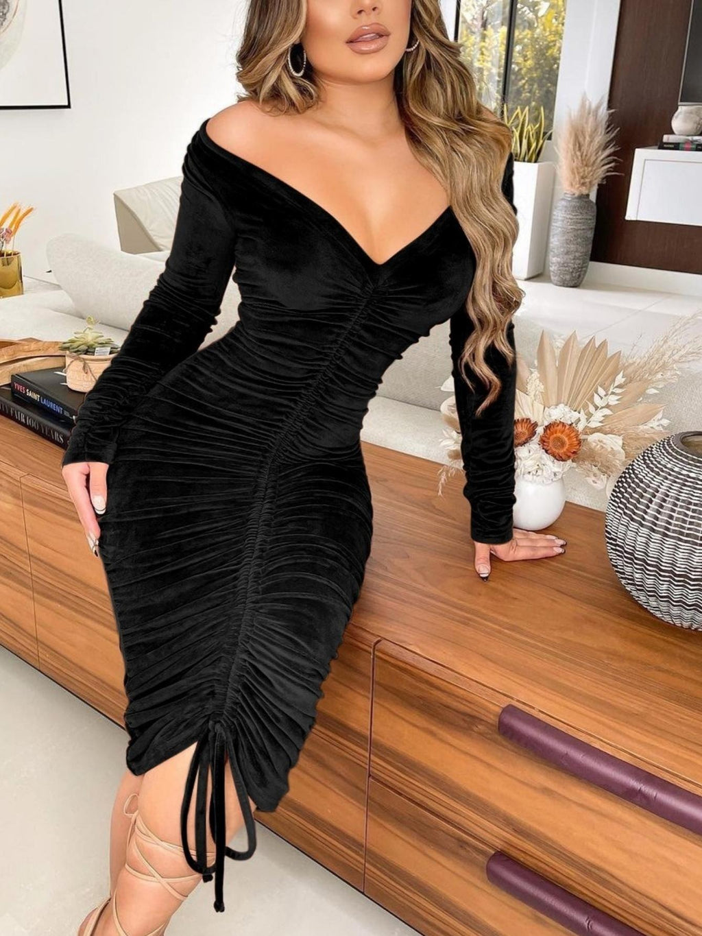 V Neck Off The Shoulder Velvet Ruched Mid-Length Dress
