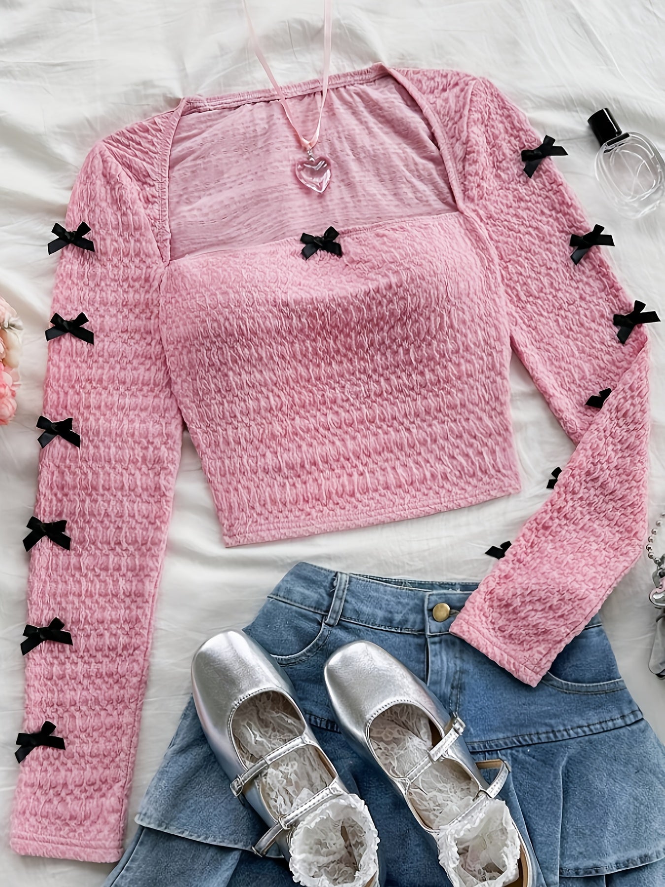 Women's Elegant Summer Crochet Blouse with Accents - Square Neck Long Sleeve Stretchy Top, Machine Washable Solid Color Shirt for Casual & Formal Wear, Textured Fashion, Comfortable Fit, Versatile Top, Lightweight Material, A