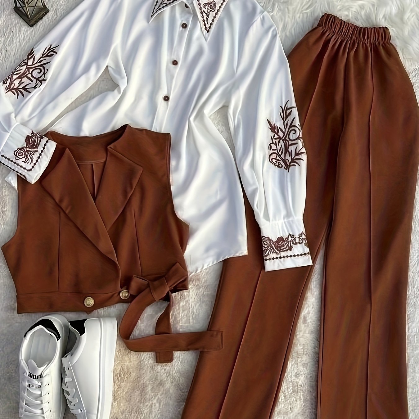 Women'S Elegant Three-Piece Set - Long Sleeve Button-Front Blouse, Vest & Pants with Floral-like Patterns, Solid Color, Fall/Winter Collection, Winter Clothing | Floral Pattern Blouse | Buttonfront Blouse