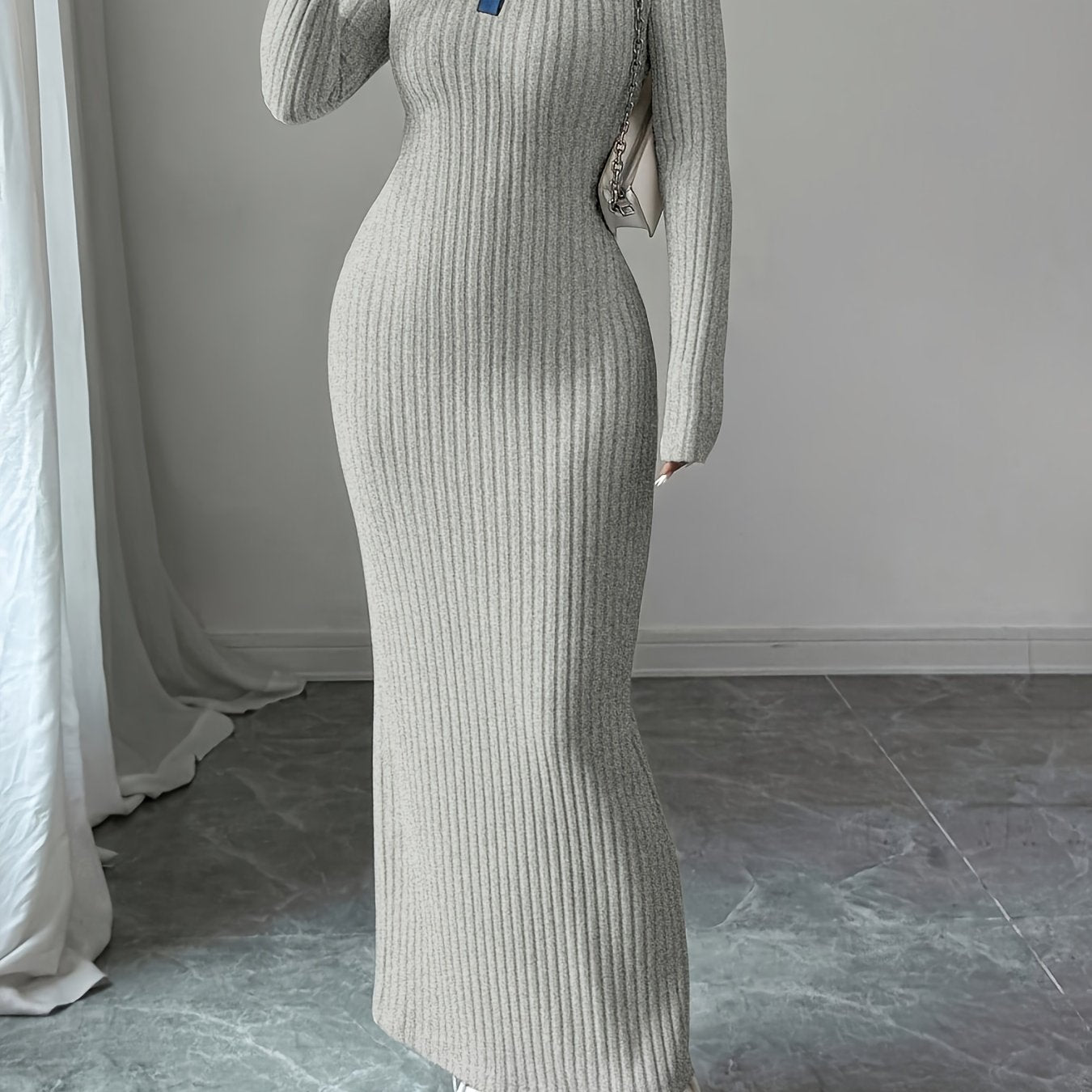 Long Sleeve Slim-Fit Autumn/Winter Dress with Contrast Stripe and Collar Button Design