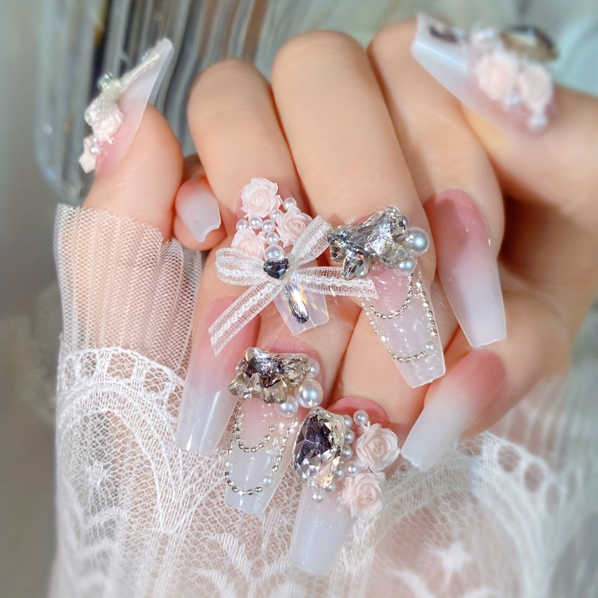 [24pcs} Spring and Summer Pink Gradient Flower Lace Bow Medium Ballet Shaped Nails