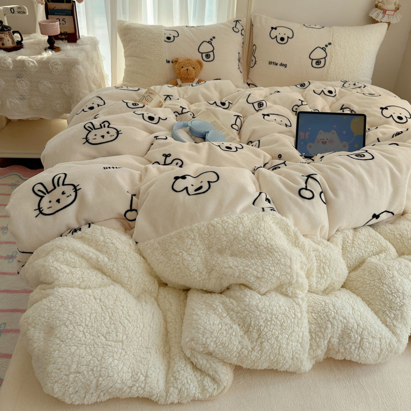 {3/4pcs} Cartoon Lambskin + Milk Velvet Set
