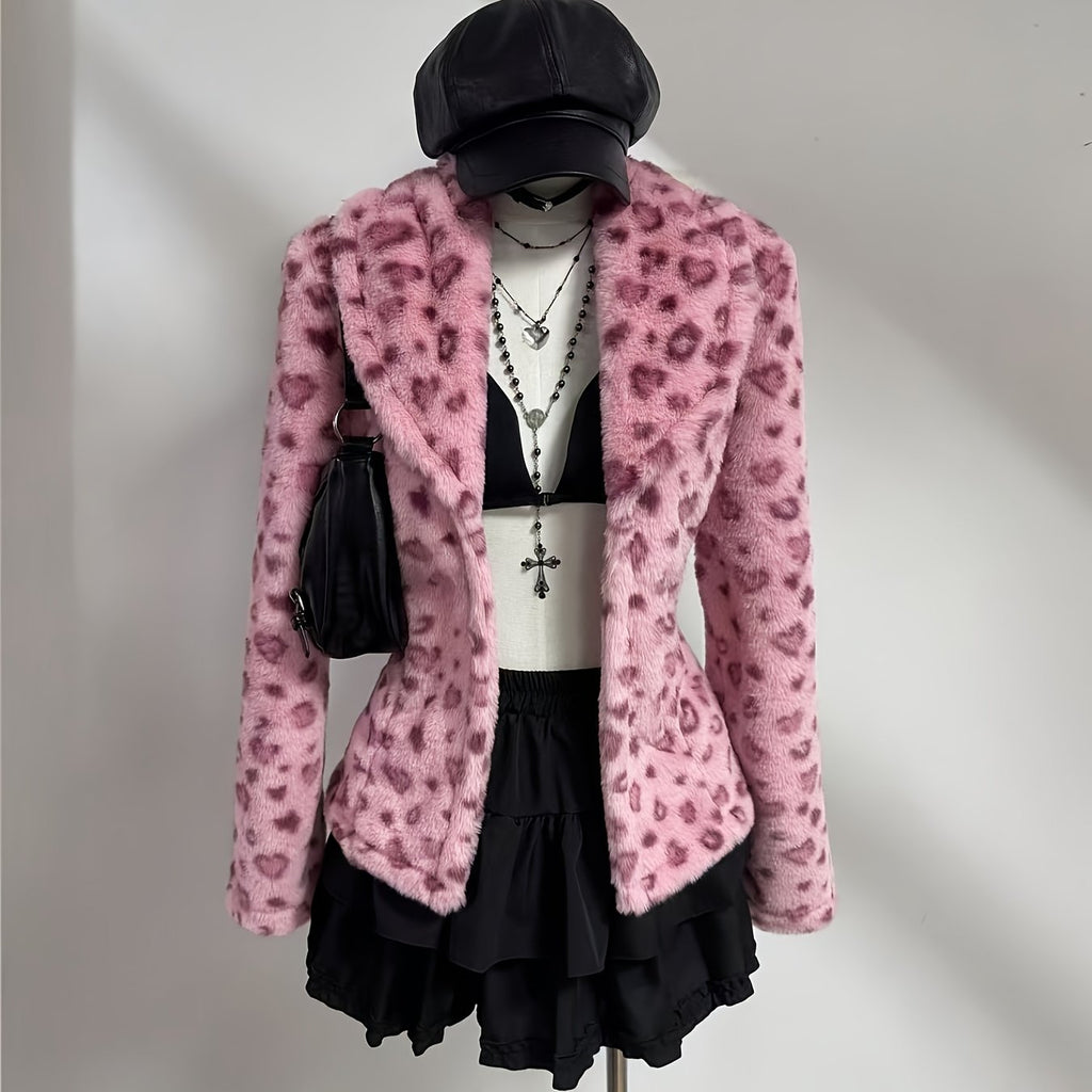 Women's Retro 80s Inspired Pink & Black Leopard Print Lapel Collar Blazer Jacket - Faux Fur Trim, Structured Lapel Collar, Machine Washable All-Season Outerwear with Faux Fur Hem & Trim, Elegant A-Line Silhouette for Layering