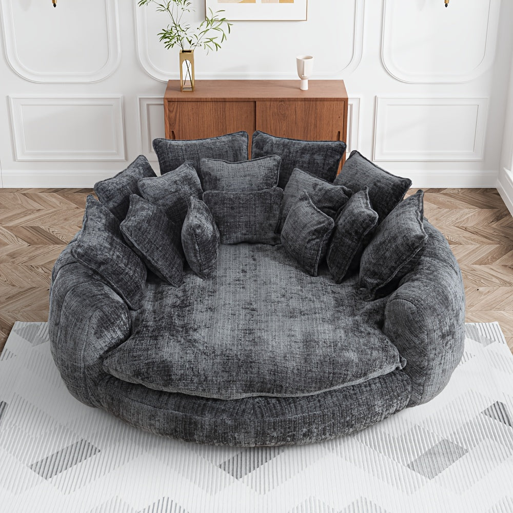 81" Upholstered Chenille Round Sofa Bed with Plush Fluffy Cushion