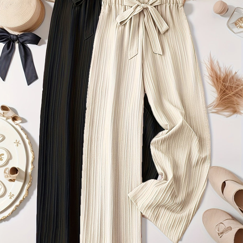 Two-Pack Pleated Striped Pants with Bow Detail