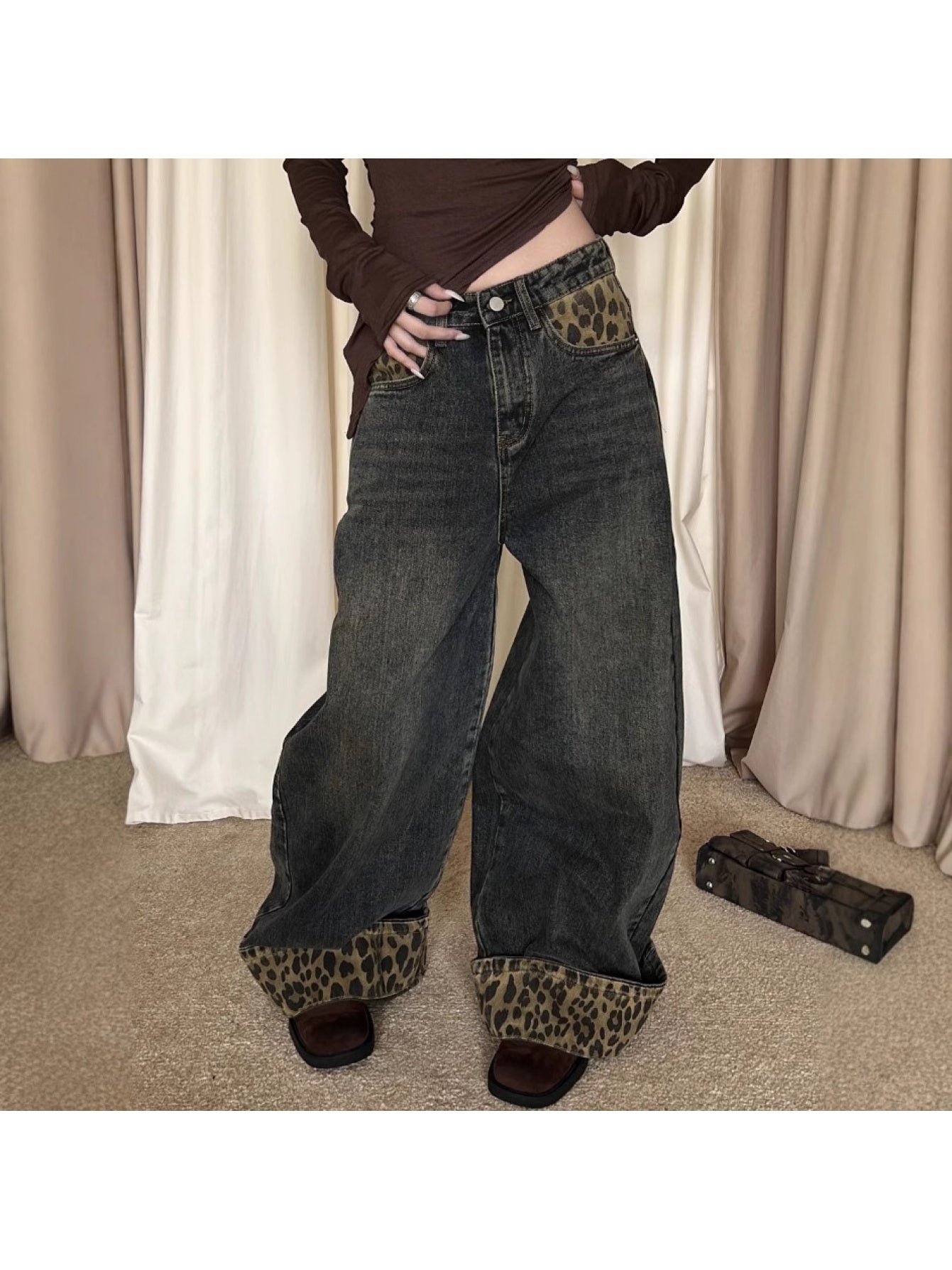 Vintage Leopard Print Cuffed Denim Pants