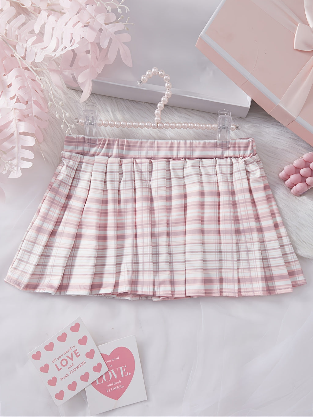 Pink & White Plaid Print Flared Skirt