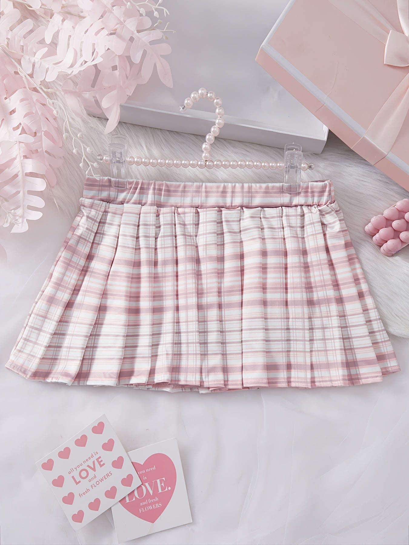 Pink & White Plaid Print Flared Skirt