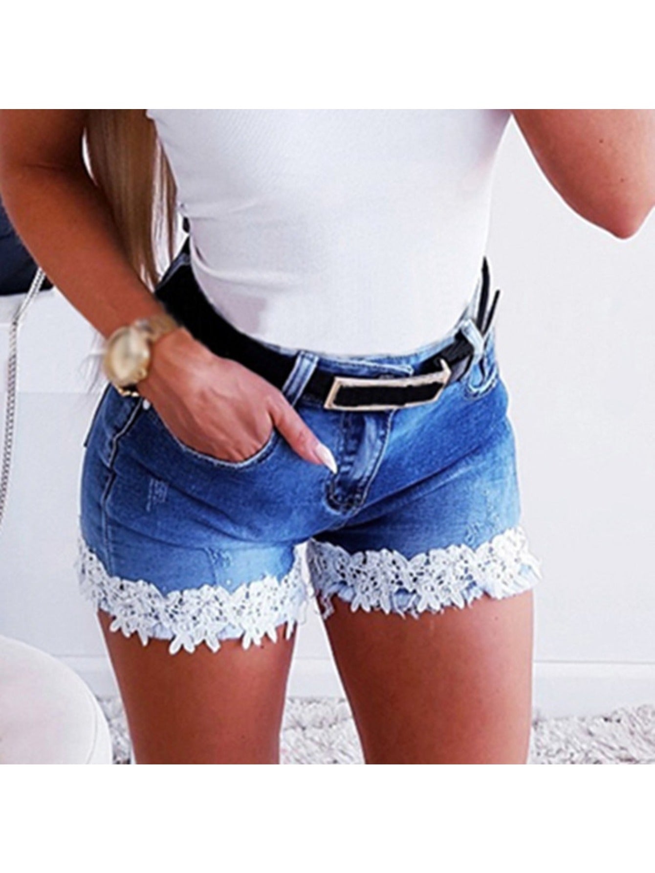 Lace Trim High Waist Denim Shorts