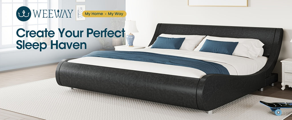 WEEWAY Modern Upholstered Platform Bed Frame, Faux Leather Sleigh Bed With Adjustable Headboard, Strong Wood Slats Support, No Box Spring Needed