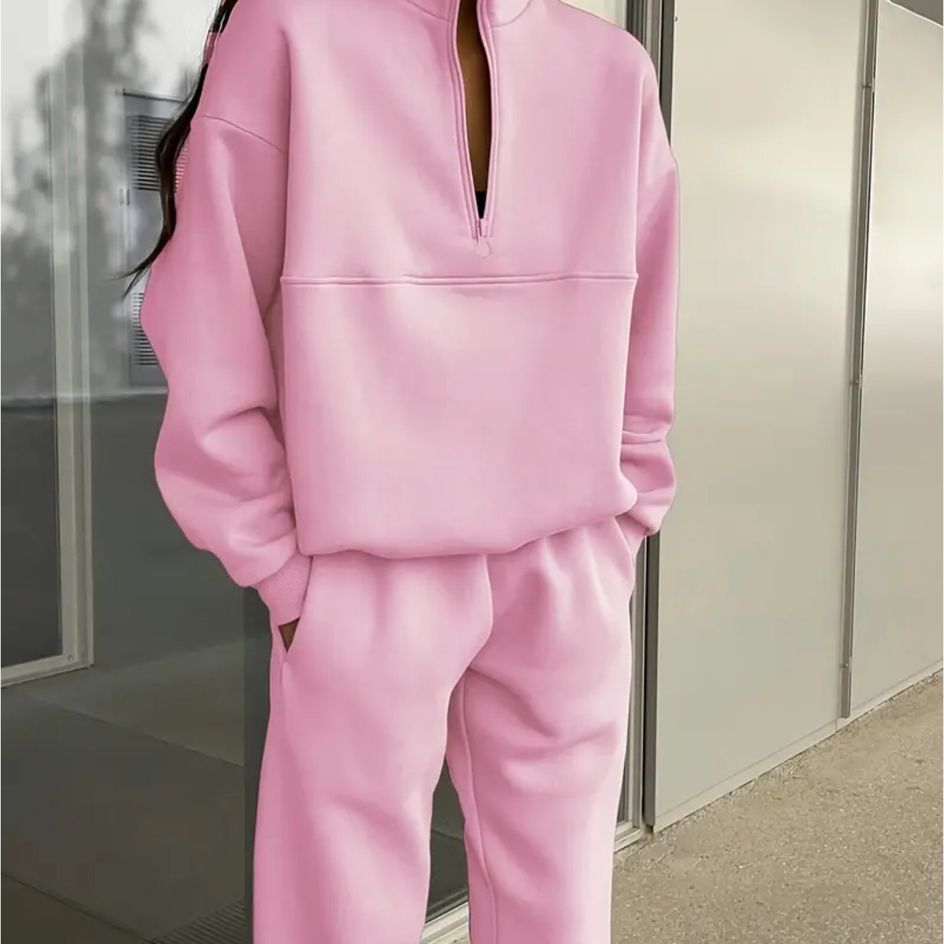 Two-Piece Zip-Up Lapel Solid Color Casual Suit