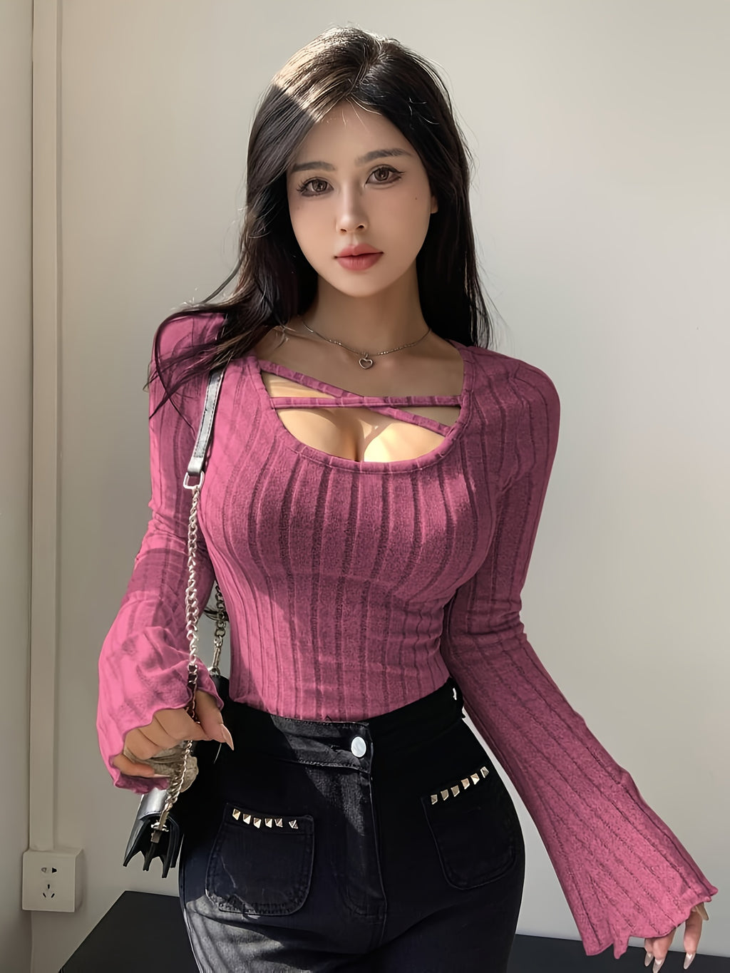 Women's 3pcs Y2K French Solid Color Tunic Set with Puffed Sleeve & Cross-Back Neckline - Long Sleeve Blouses, Wrinkle-Resistant & Machine Washable Winter Layering Outfits in Pink, Green, Beige, Brown, Black, White - Chic Casu