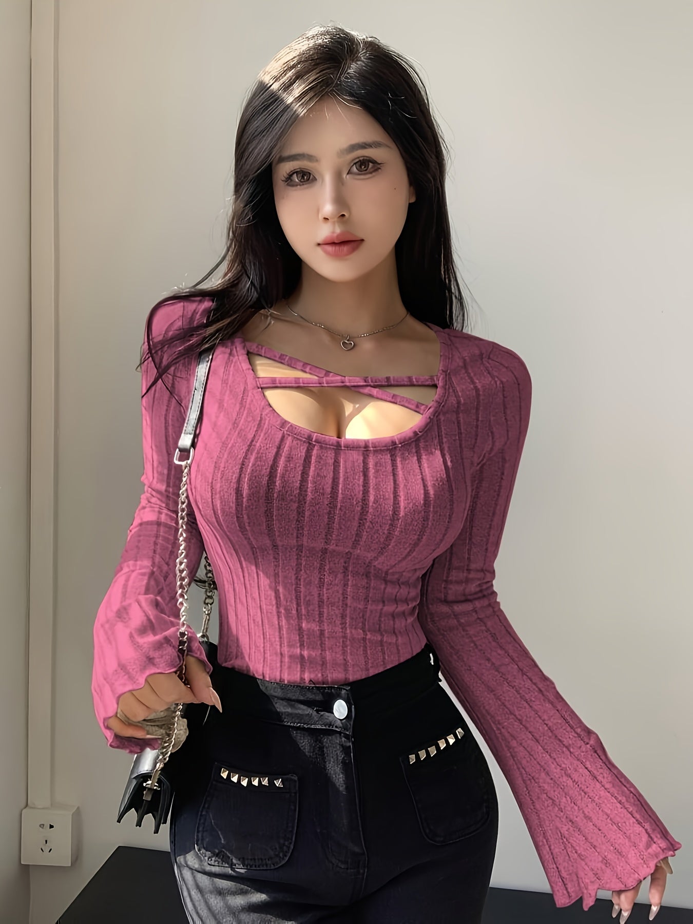 Women's 3pcs Y2K French Solid Color Tunic Set with Puffed Sleeve & Cross-Back Neckline - Long Sleeve Blouses, Wrinkle-Resistant & Machine Washable Winter Layering Outfits in Pink, Green, Beige, Brown, Black, White - Chic Casu