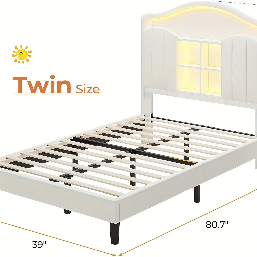Upholstered Princess Twin Bed with LED Lights & Power Outlts
