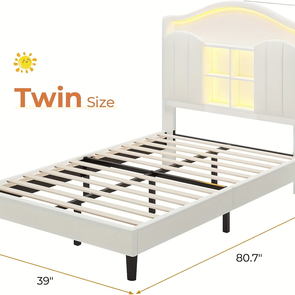 Upholstered Princess Twin Bed with LED Lights & Power Outlts