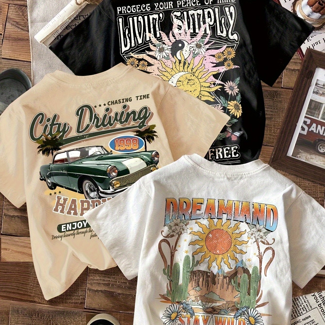 Women'S Fashion Casual T-Shirt Three-Piece Set - "Live Free" Graphic Tee with Floral & Sun Design, "City Driving" Short Sleeve Shirt, and "Dreamland" Long Sleeve Top - All-Season Comfort, Casual Wear|Floral Sun Design|Short S