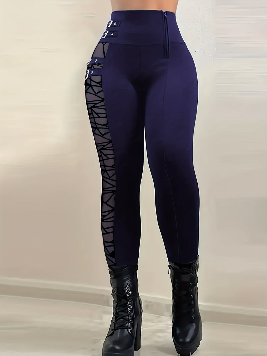 High-Waisted Stretchy Leggings with Mesh Panels & Zipper Detail