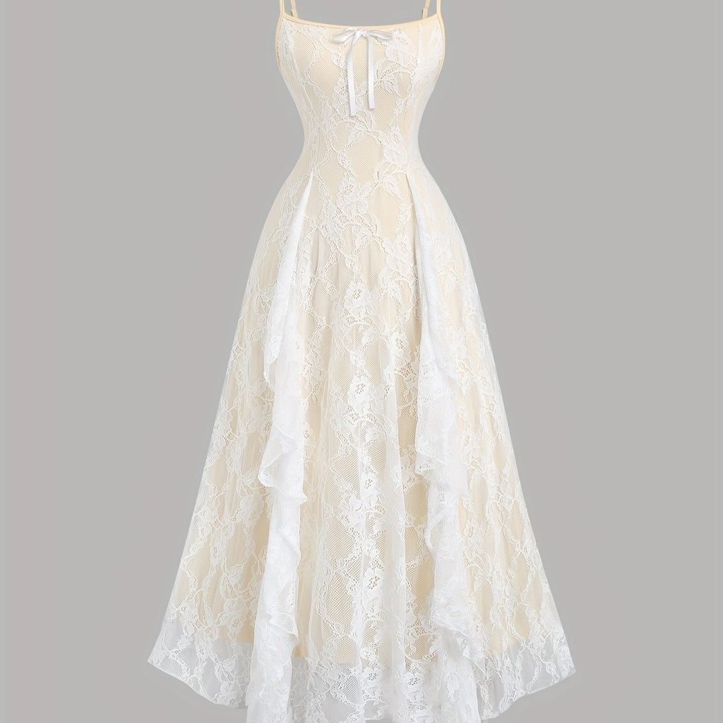 Elegant Off-Shoulder Lace Dress with Ruffle Detail and Bow Accent