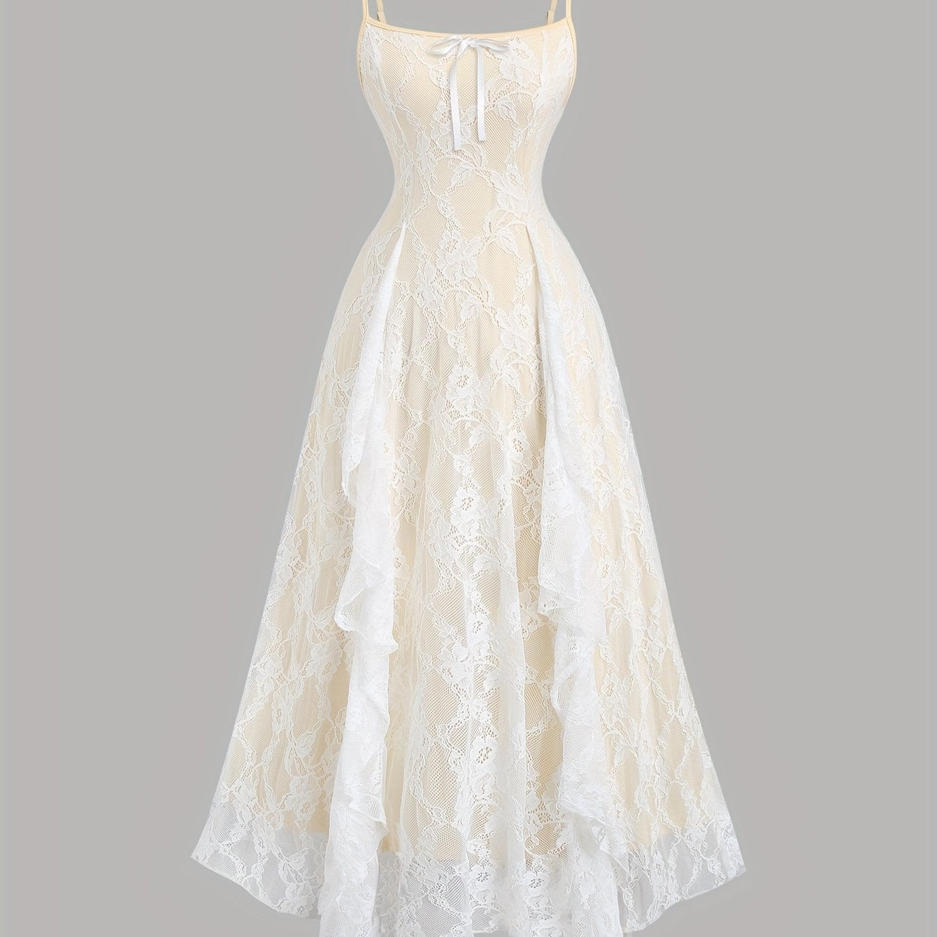 Elegant Off-Shoulder Lace Dress with Ruffle Detail and Bow Accent