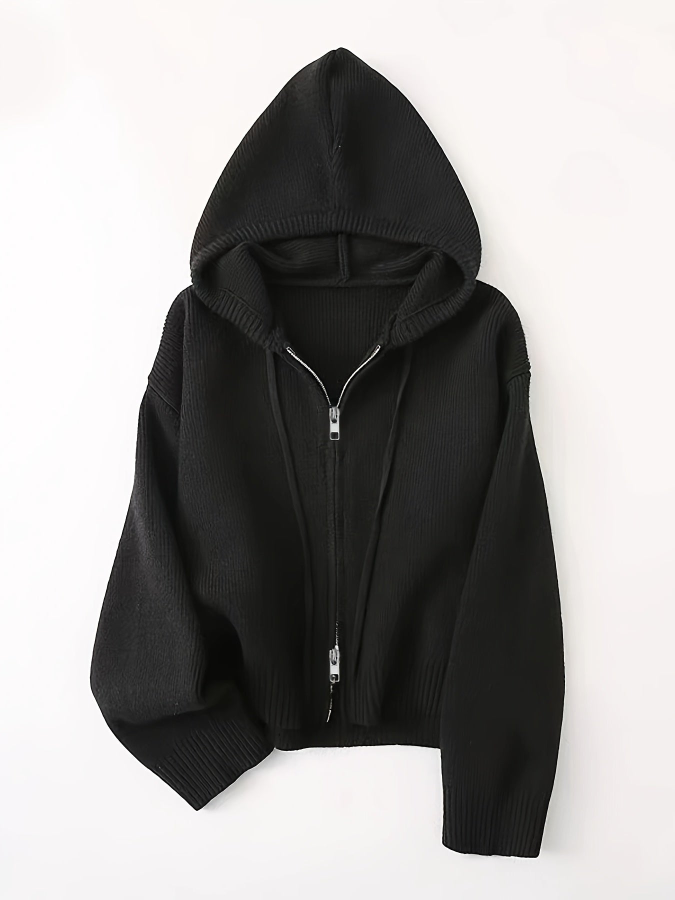 Women's Casual Hooded Cardigan Sweater - Thickened Winter with Double Zipper Front, Ribbed Cuffs & Hem, Medium Stretch, Solid Color for Fall and Winter, Sweater Cardigan