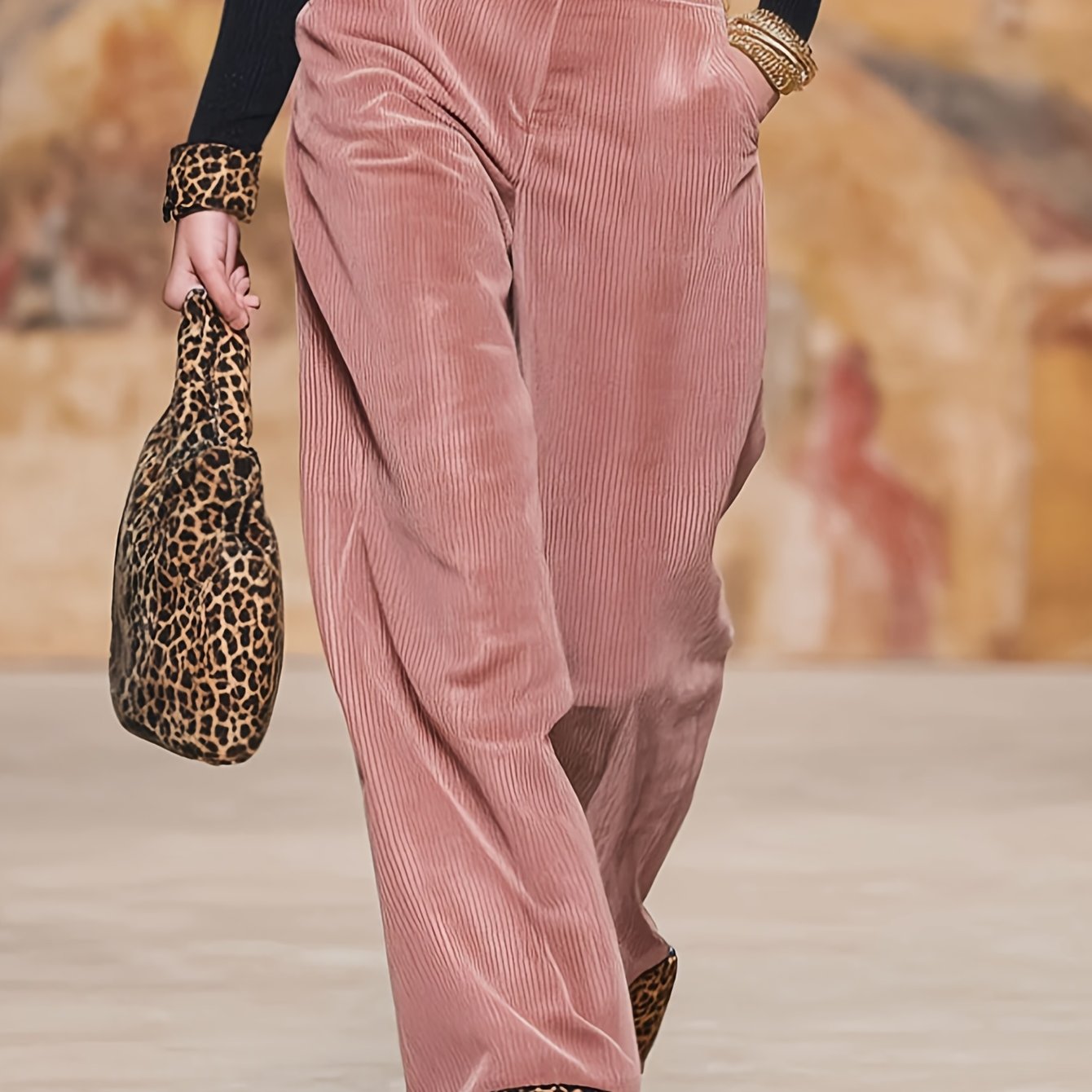 Wide-Leg Pants with Leopard Print Patchwork