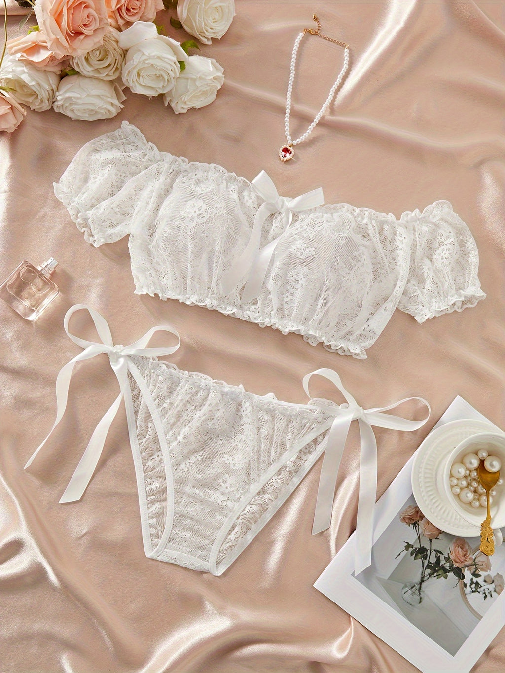 Lace Splicing Off-the-Shoulder Bow Tie Lingerie Set