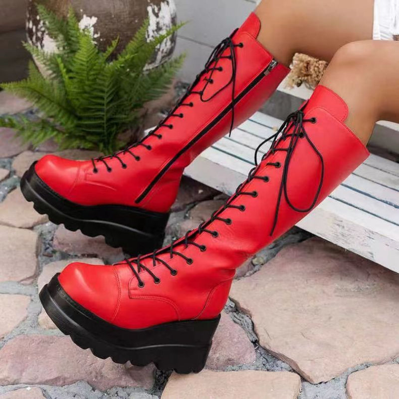 Punk Gothic Chunky Platform Boots with Butterfly Lace-Up Ankle & Calf Straps