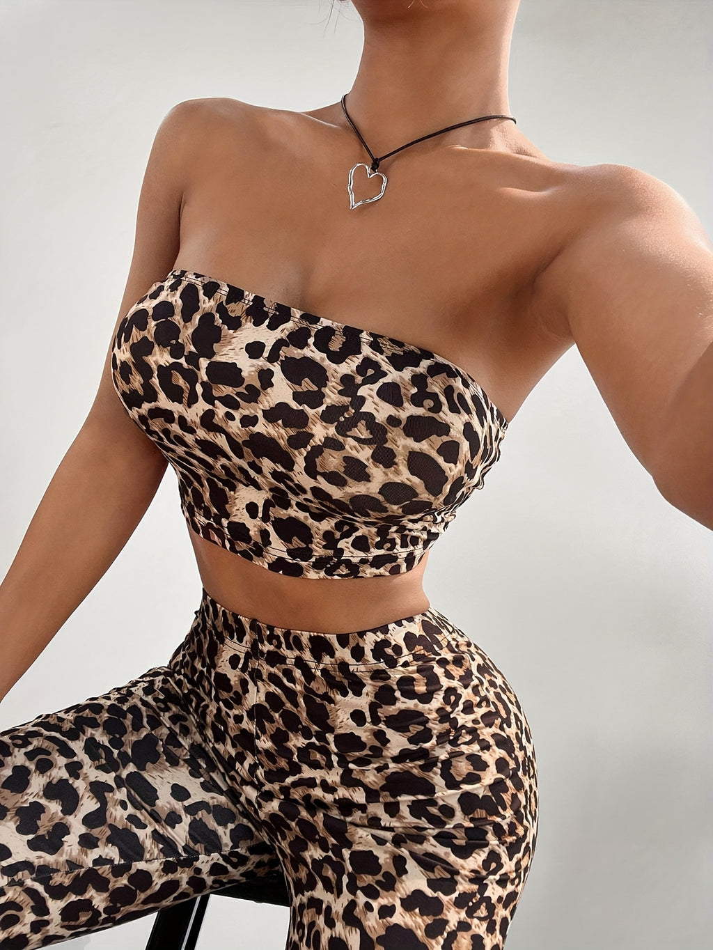Leopard Print Bodycon Mini Dress with Bell Sleeves and Flared Pants