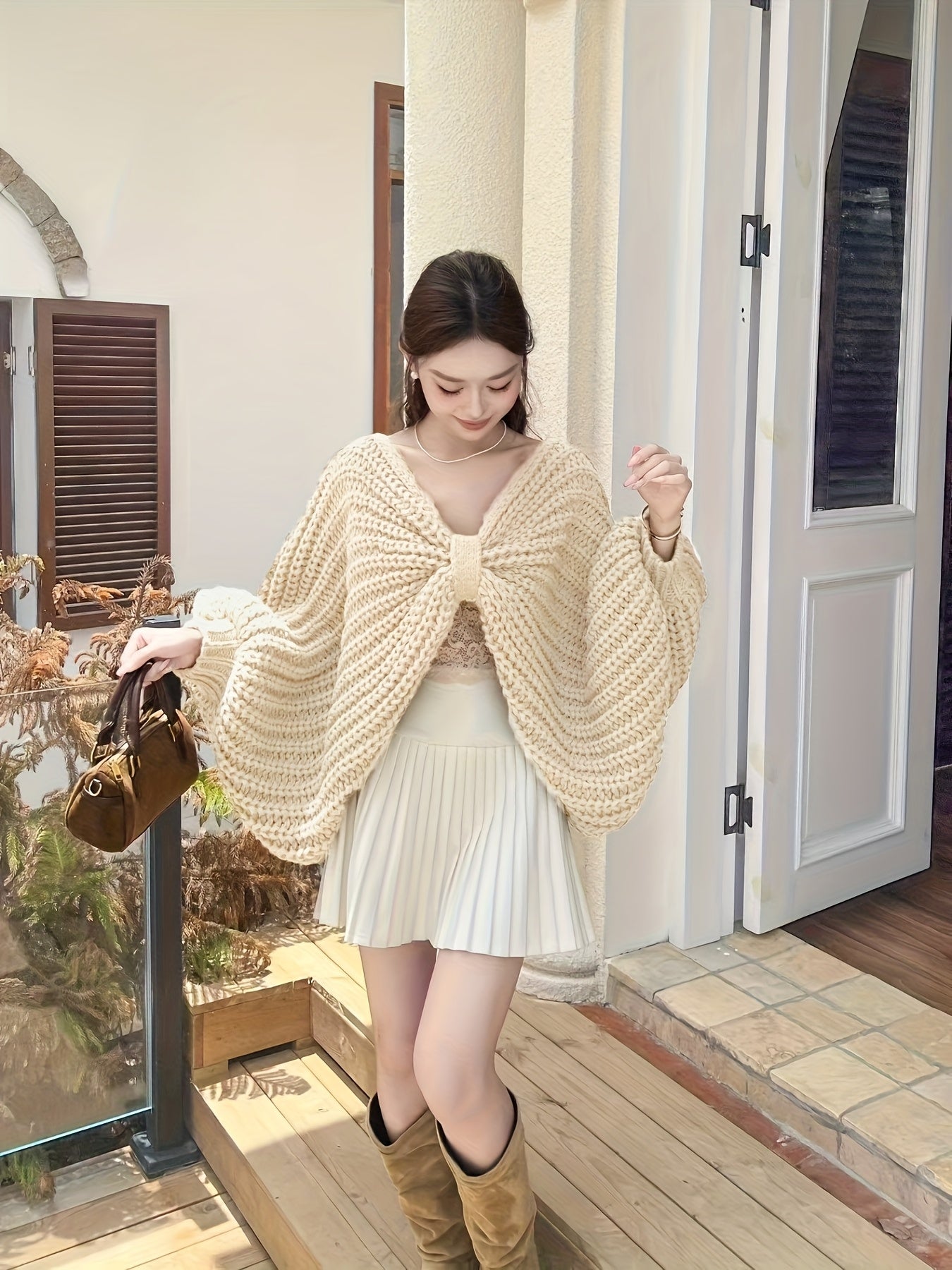 Women'S Vintage-Inspired Oversized V-Neck Sweater with Large Bow & Chest Knot - & Brown Color Block, Short Length, Spring/Fall Layering Piece for Casual & Formal, Spring Fall Layering, Classic Knitwear, Soft Texture