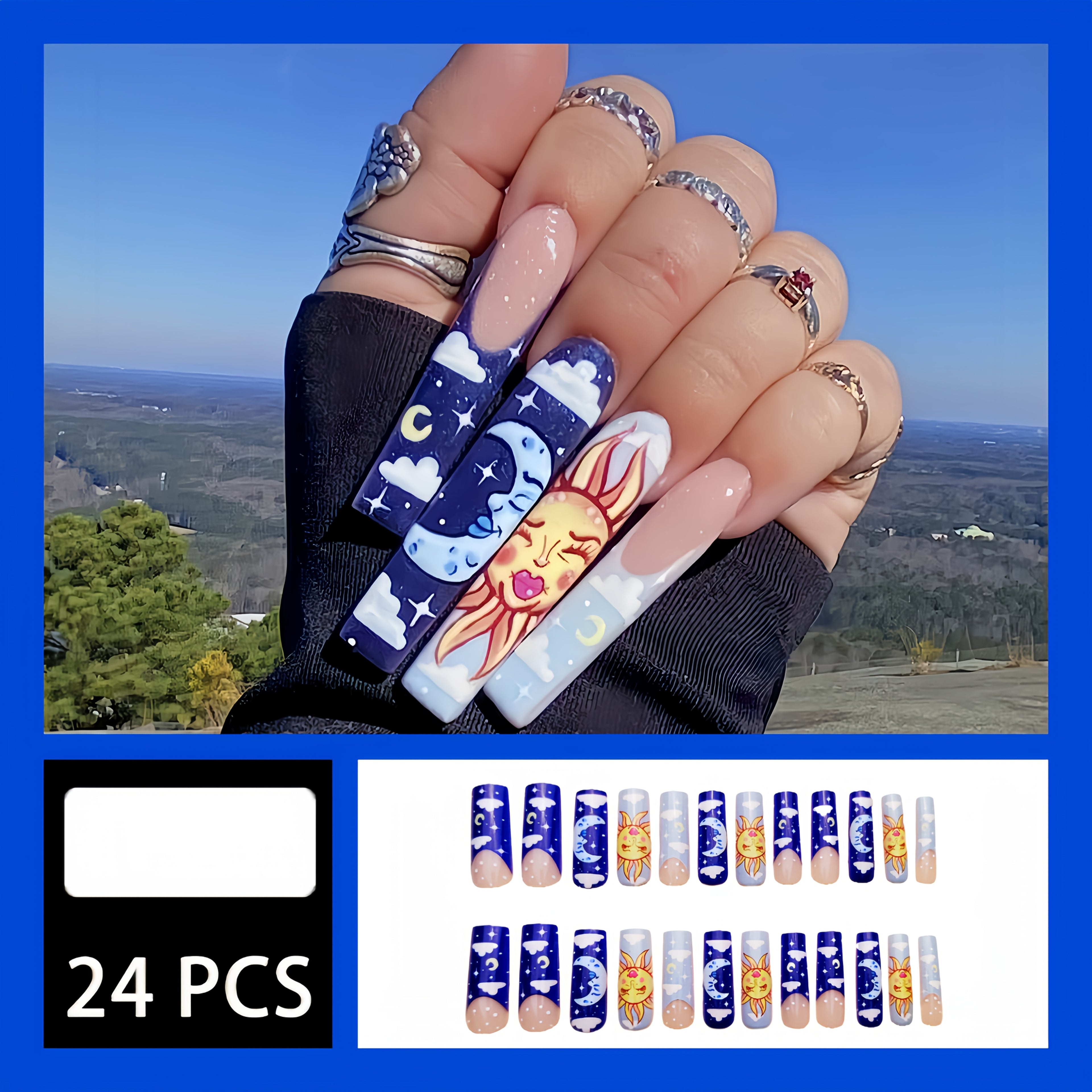 Long Ballet Blue Sun Moon French Fake Nails