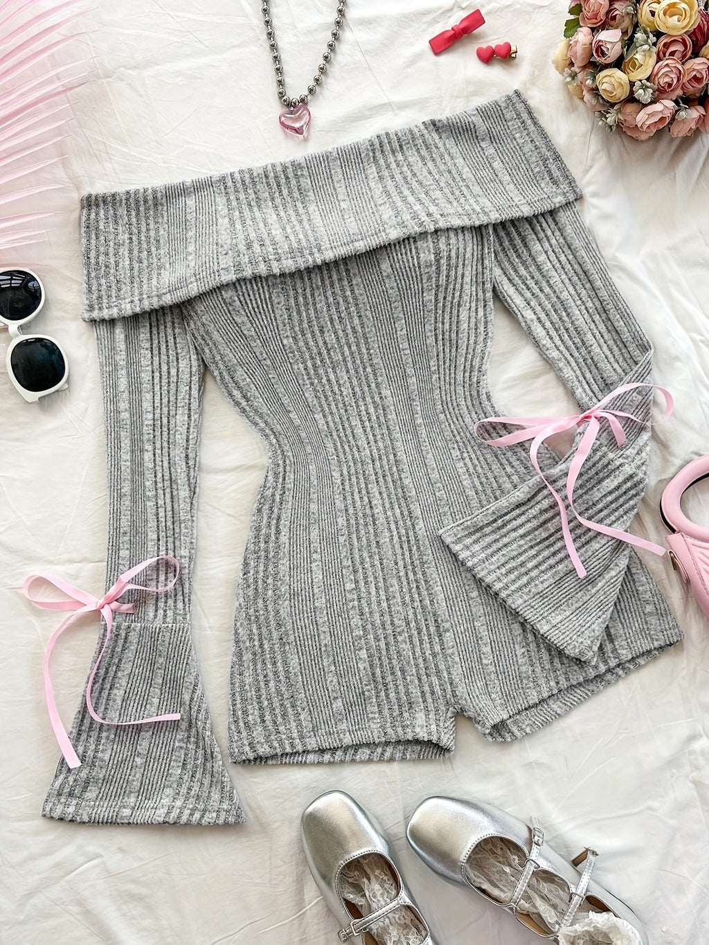 Knitted Ribbed Solid Color Flared Long Sleeve Slim Jumpsuit