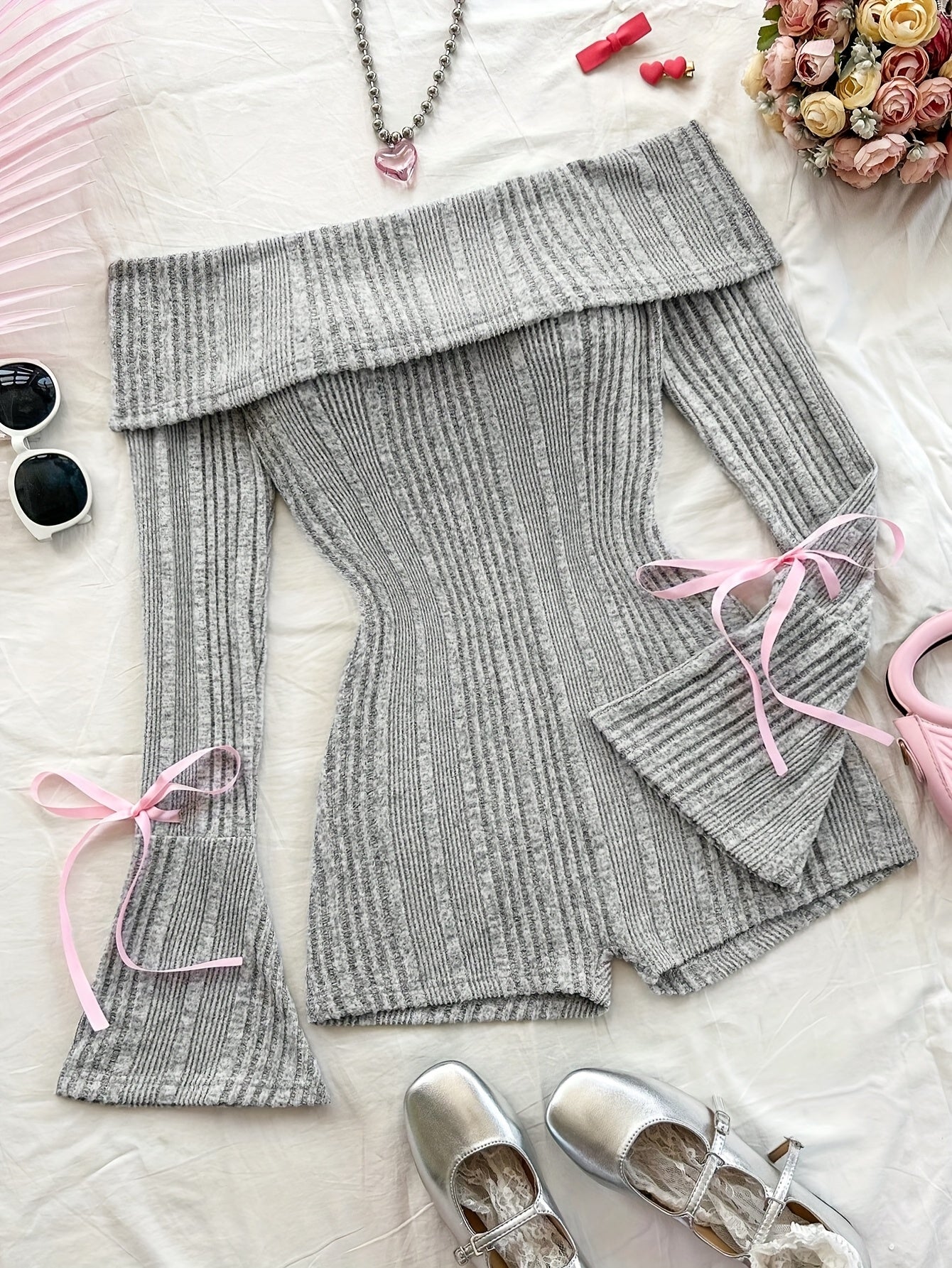 Knitted Ribbed Solid Color Flared Long Sleeve Slim Jumpsuit